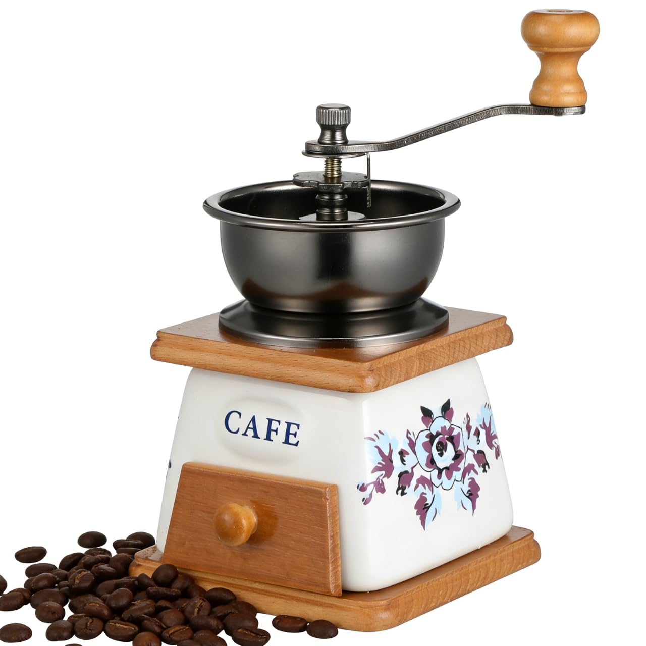 ABOOFAN Kaffeemühle Manuell, Antike Gusseisen Handkurbel Kaffeemühle für Kaffeebohnen & Espresso, Retro Handmühle aus Holz & Keramik für Zuhause, Büro, Reise