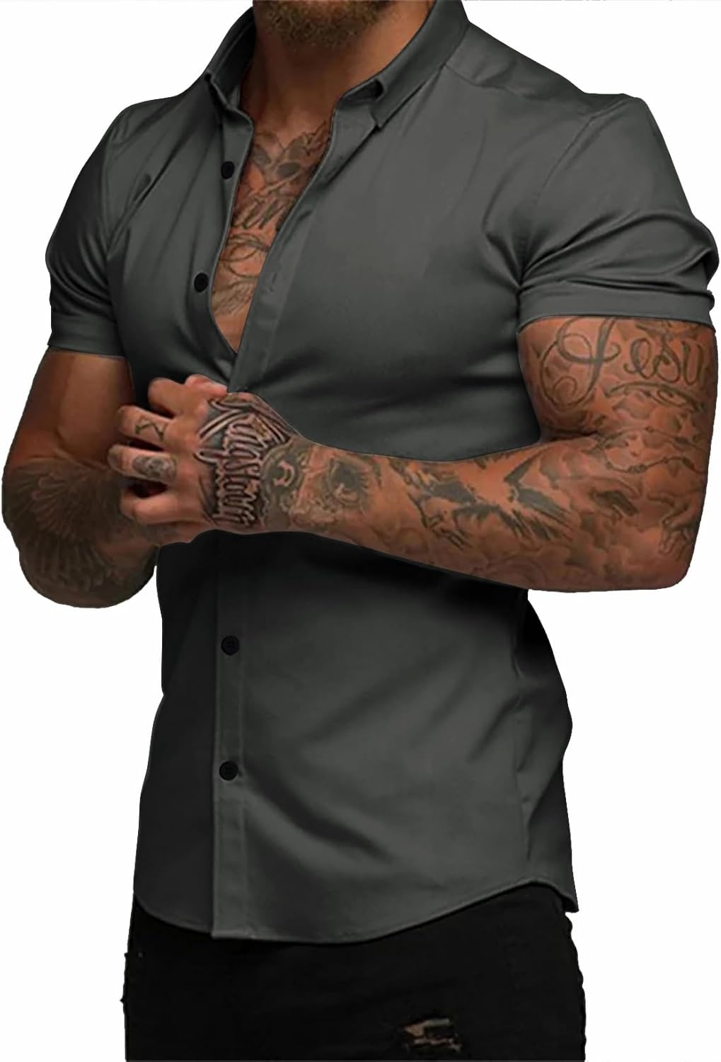 JMIERR Men's Muscle Fit Button Down Shirts Summer Casual Short Sleeve High Stretch Wrinkle-Free Shirt