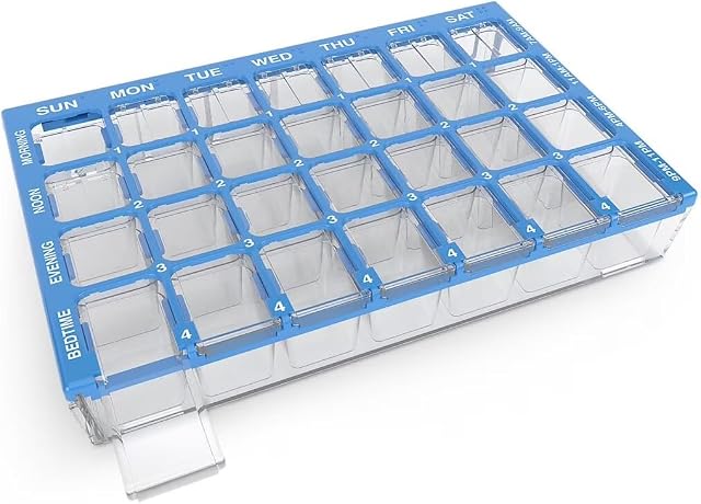 Ezy Dose Pharmadose Weekly 7-Day, 4x/Day Pill Organizer, Small | Colour May Vary, 28 Small Compartment Pill Case, Medicine Planner, Vitamin Organizer with Easy Fill Tray, BPA Free
