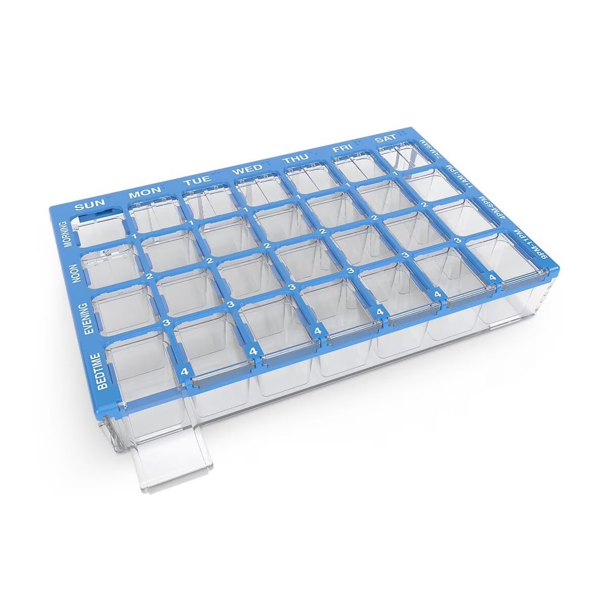 Ezy Dose Weekly (7-Day) Pill Case, Medicine Planner, Vitamin Organizer Box, Small Compartments with Easy Fill Tray, 4 Times a Day, Clear Lids, Color