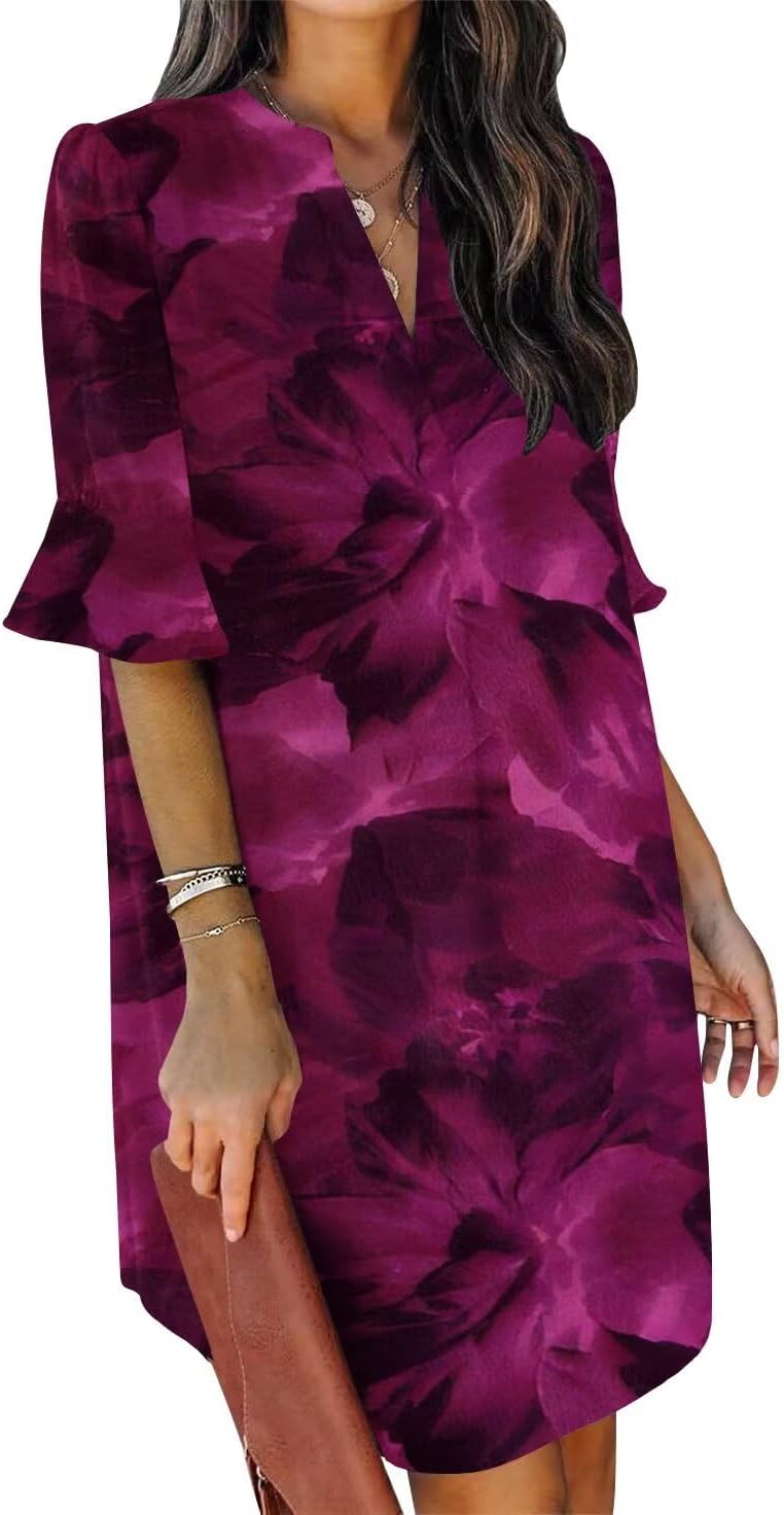 QACOHU Summer Dresses for Women V Neck Ruffle Short Sleeve Casual Shift Dress