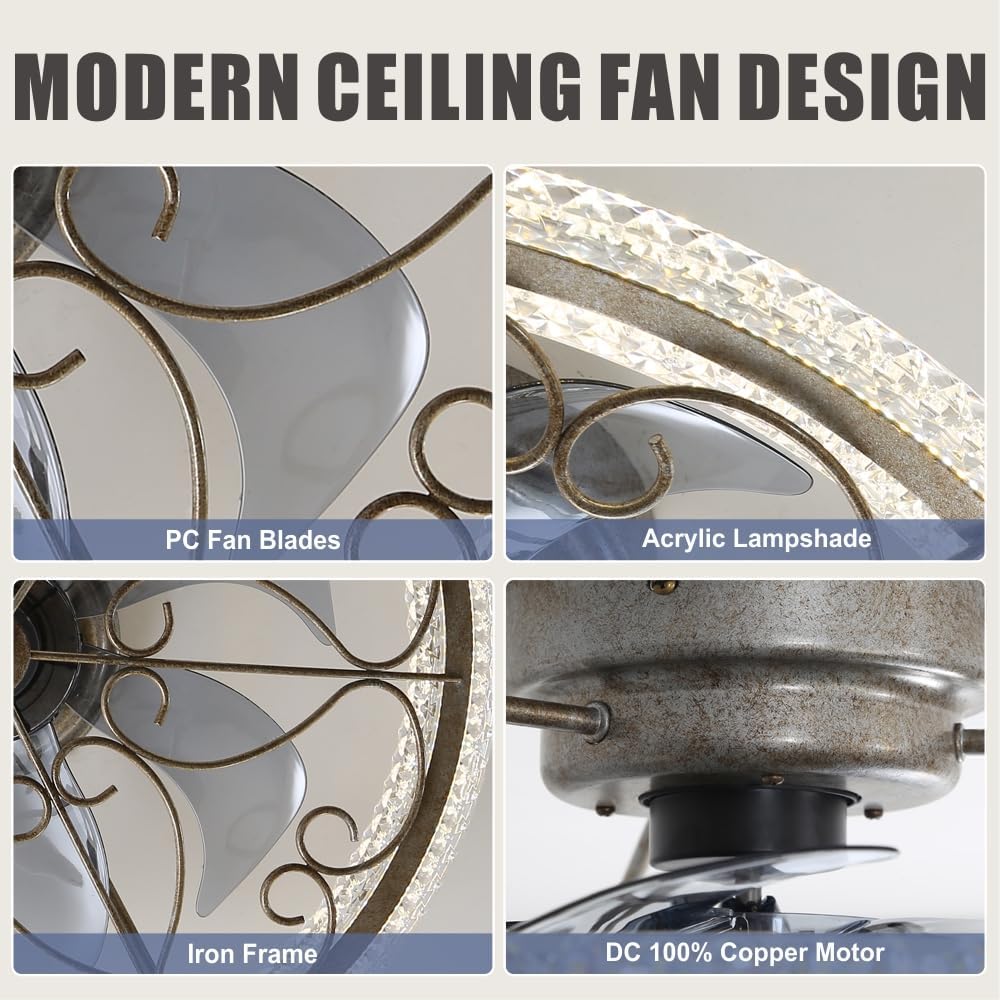 lifeholder Low Profile Ceiling Fan with Lights Remote 20" Ceiling Fan Flush Mount Enclosed Ceiling Light Dimmable Ceiling Lights Chandeliers Handmade Antique Vintage Silver