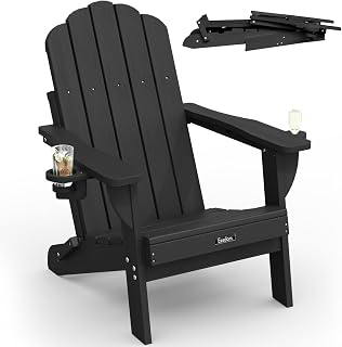 Folding Adirondack Chair, All-Weather HDPE Plastic Patio Chair with 2 Cup Holders, Wooden Textured Lawn Chair, Perfect for Fire Pit,Black