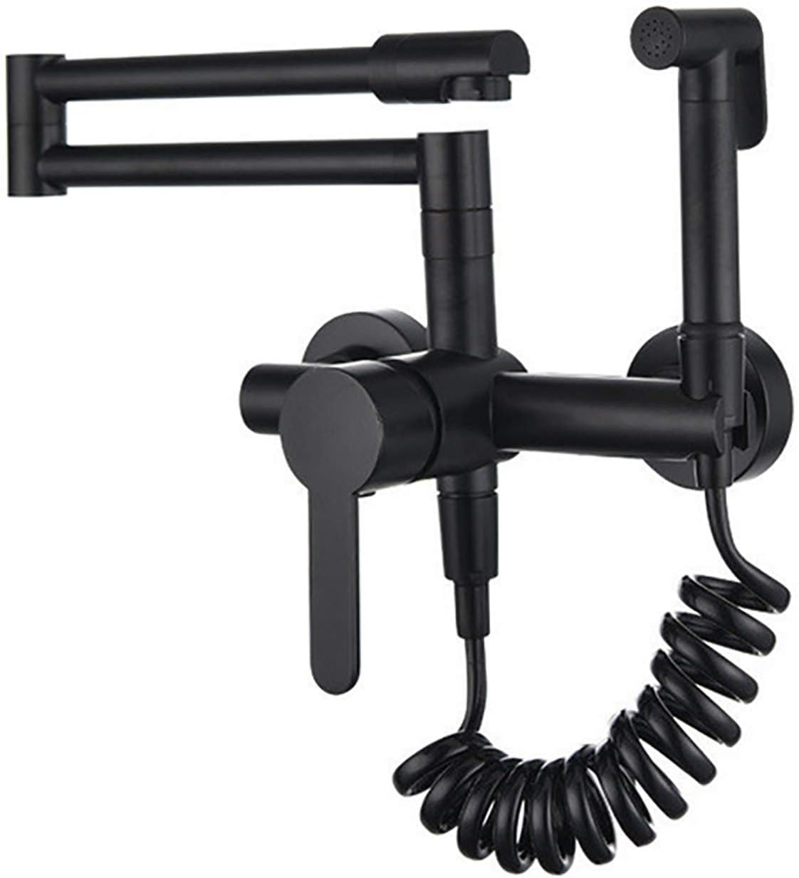 Folding Brass Kitchen Faucet Wall Mounted Kitchen Sink Faucet Cold and Hot Water Kitchen Double Joint Swing Arm Faucet with Handheld Spray,Black