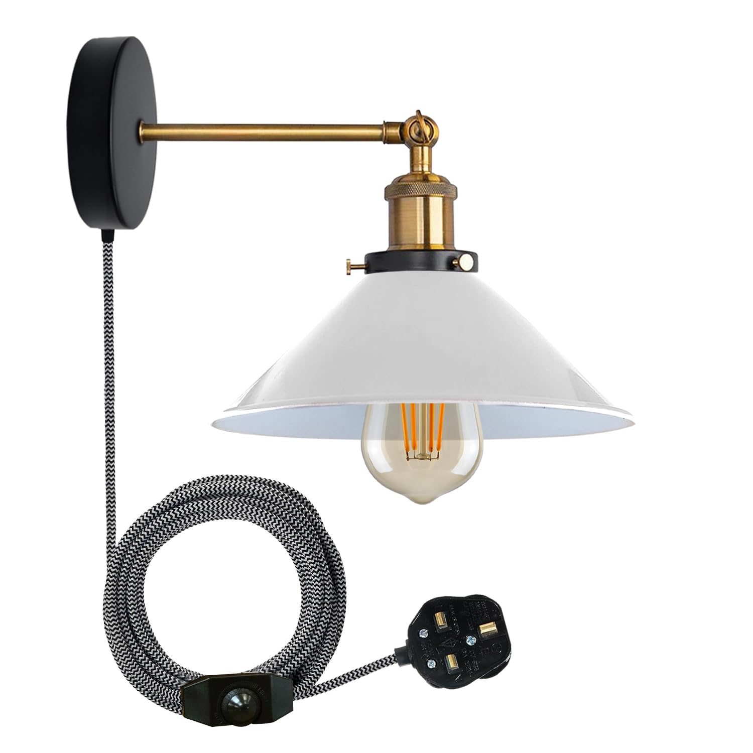 LEDSone Retro Industrial Wall Light Plug in Wall Lamp Metal Cone Shape Shade Indoor Light Fitting with Dimmer Switch for Bedroom Hallway Restaurants (White, Without Bulb) โ image 1