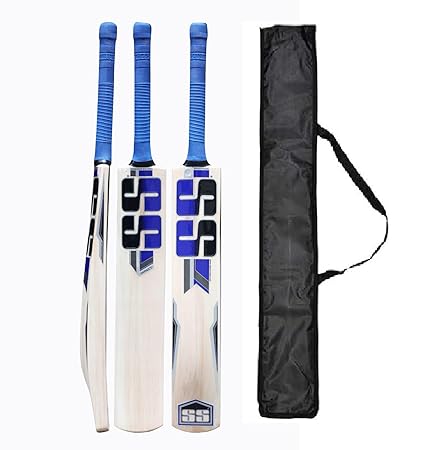 SS Cricket Bat Popular Willow for Leather Ball, Tennis Ball Full Size, with Cover.t(Blue Color)