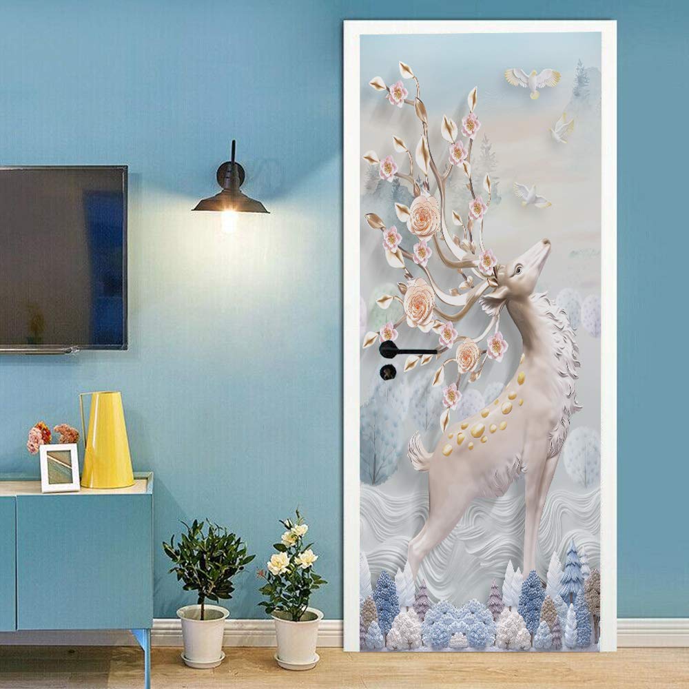 Sticker de porte cerf sika trompe l'oeil 88x200cm pour déco intérieure