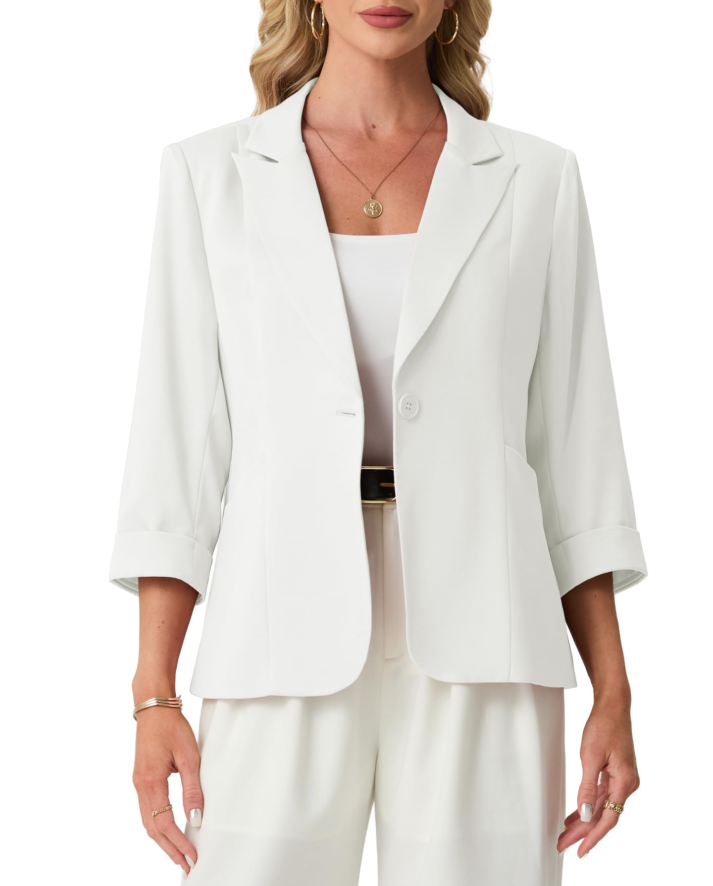GRECERELLE Blazer élégant à manches 3/4 pour femme - Veste décontractée à revers à visière ouverte sur le devant - Vêtements d'extérieur avec poches à boutons pour femme