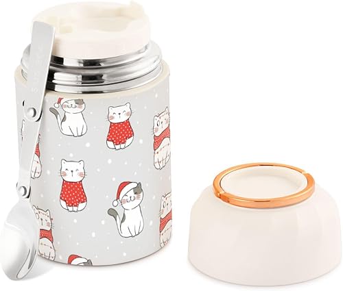 Cute Winter Christmas Cat Food Jar with Spoon Stainless Steel Vacuum Insulated Food Container 17 oz Thermos for Adults