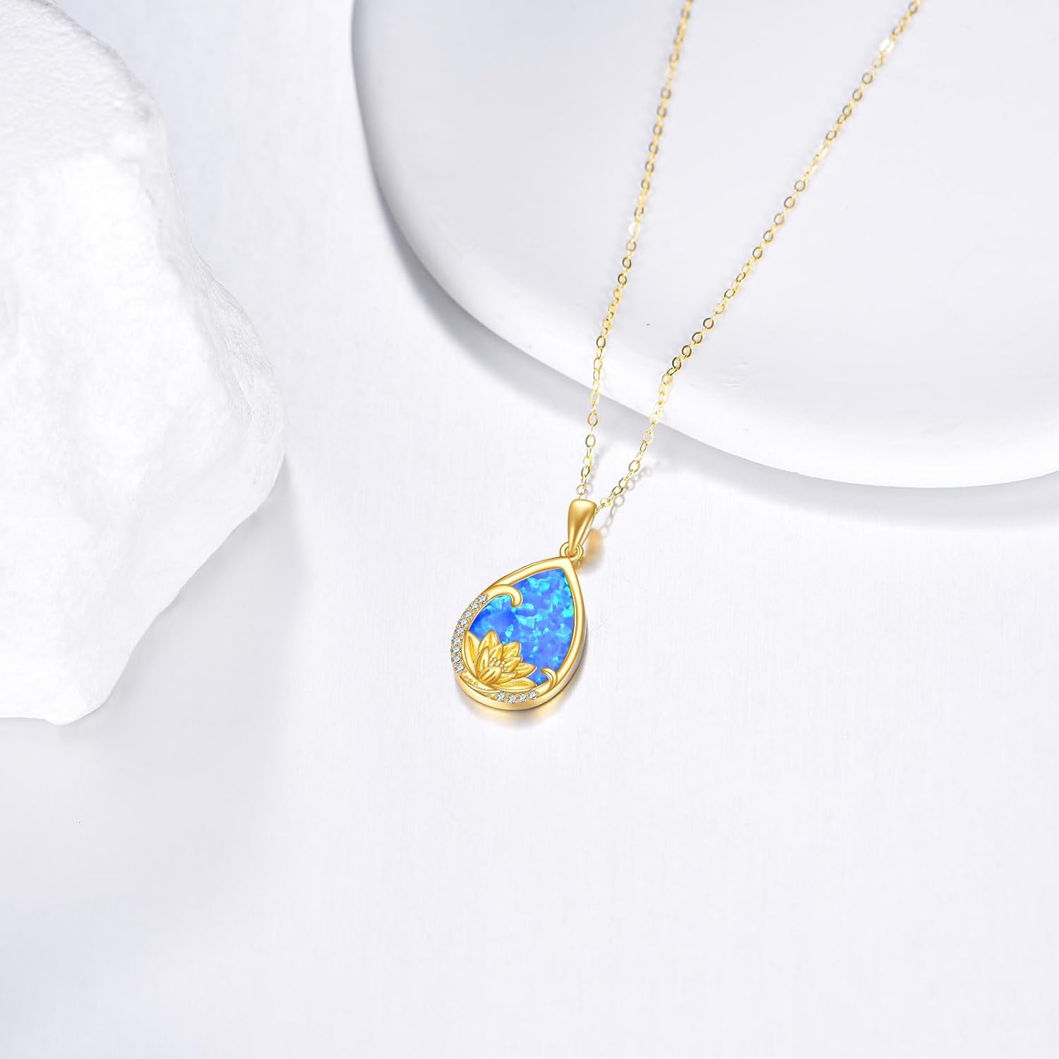 Solid 14K Gold Lotus Flower Necklace 14kt Real Gold Teardrop Pendant Necklaces with Blue Opal Fine Jewelry Gifts for Women, Sterling Silver Chain 18"+2" Extender