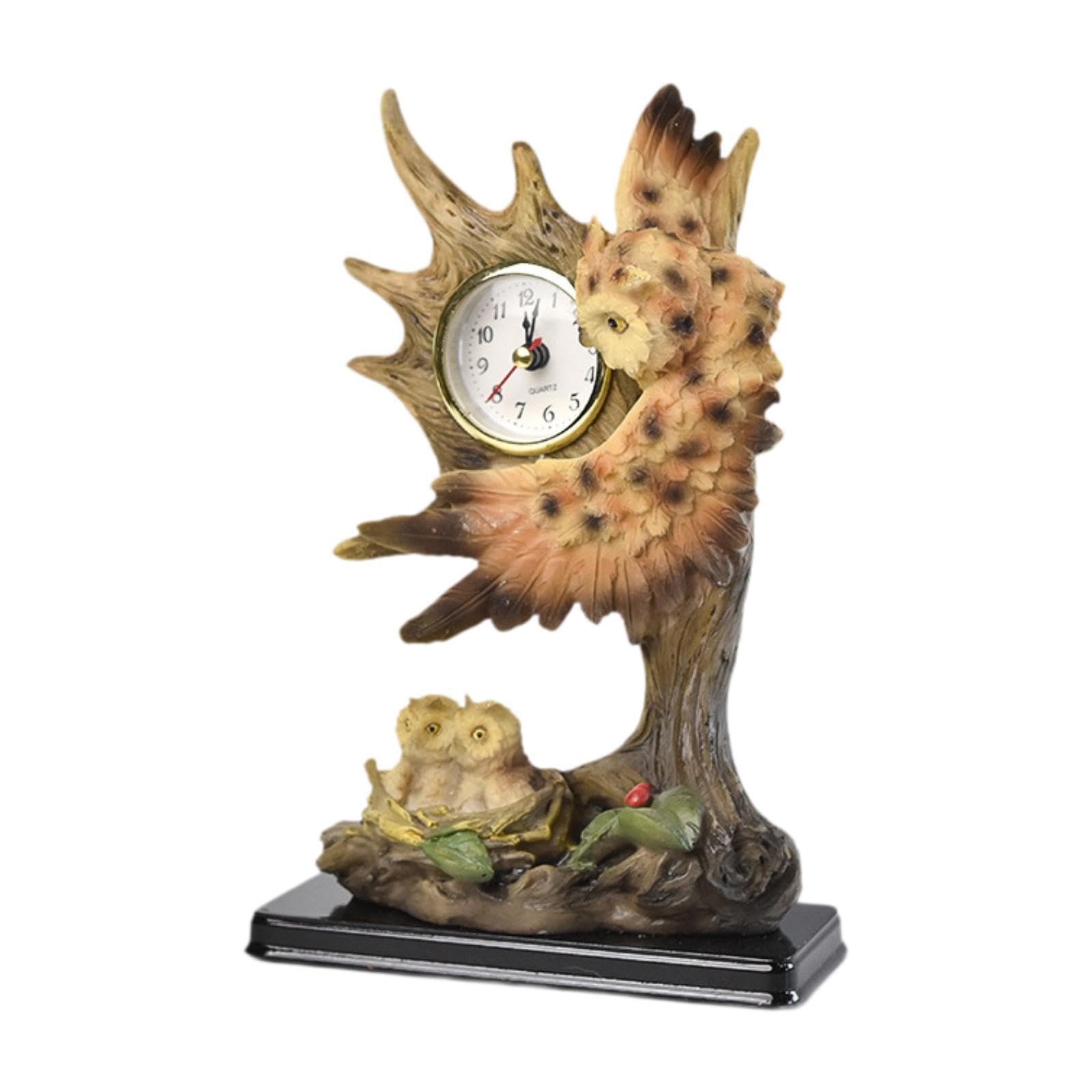 Horloge de Table Rétro Sculptée D'animaux, Objet Décoratif Créatif et Artisanal, Idéale pour Un Appartement Ou Une Salle à Manger, Hiboux
