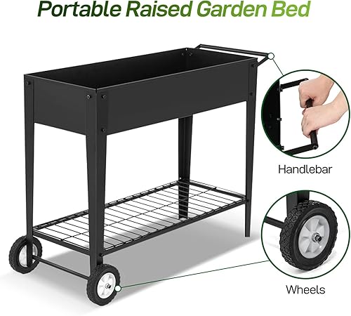 Miniatura 5 de Cama de jardín elevada, carrito de jardín elevado de metal móvil con patas y ruedas, jardín de hierbas para exteriores/interiores, jardineras