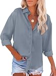KISSMODA Womens Button Down Blouse Casual V Neck Long Sleeve Collared Shirts Business Office Plain Tops Fall Loose Blouses