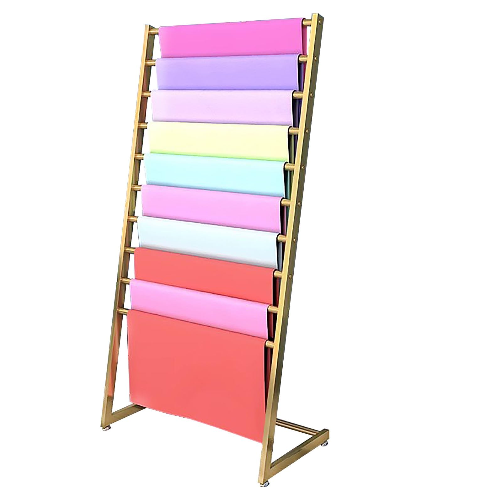 Espositore a 10 ripiani in metallo per carta da regalo e sciarpe, organizer versatile per vestiti, coperte, asciugamani, elegante finitura dorata (120 x 40 x 145 cm)