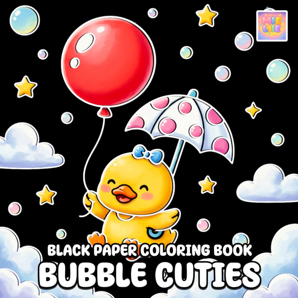 Bubble Cuties Black Paper Coloring Book: Whimsical Bubble Scenes, Charming Cute Moments, and Glowing Fun on Black Background