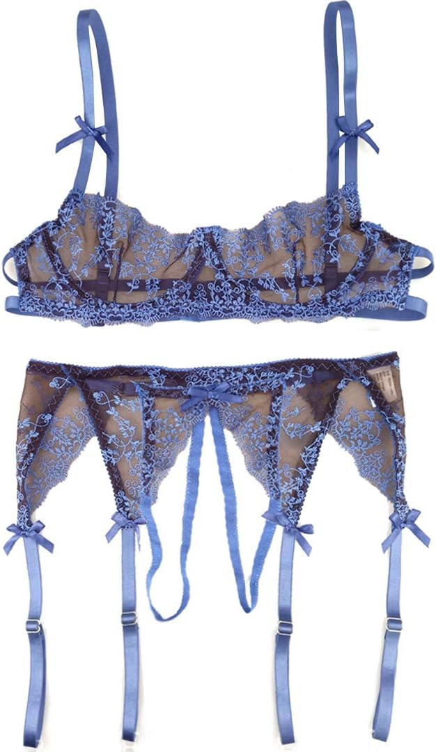Push up Three Piece Lacy Bra and Garter Lingerie Set (Blue)