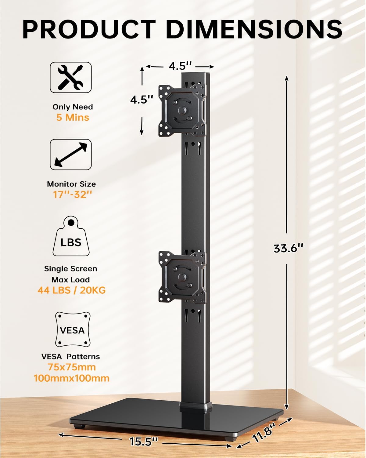 Dual Monitor Stand, FreeStanding Desk Stand for Two 13-32 inch Screens, Vertical Monitor Riser with Swivel, Tilt, Rotation, 4 Height Options, Holds One (1) Screen Up to 77Lbs, VESA 75x75mm/100x100mm