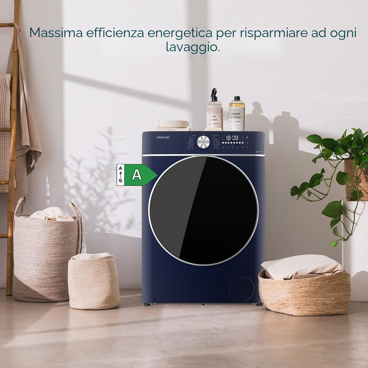 Cecotec Lavatrice 8 Kg Carico frontale Bolero DressCode 8800 Inverter Ice Blue A. 2000 W, 1400 giri/min, 16 programmi, basso consumo, motore inverter Plus, SteamMax, ricarica automatica e display