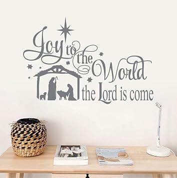 Joy to The World Wall Stickers Quotes Christmas Nativity Scene Vinyl Wall Decal Holiday Decor LC015 Grey