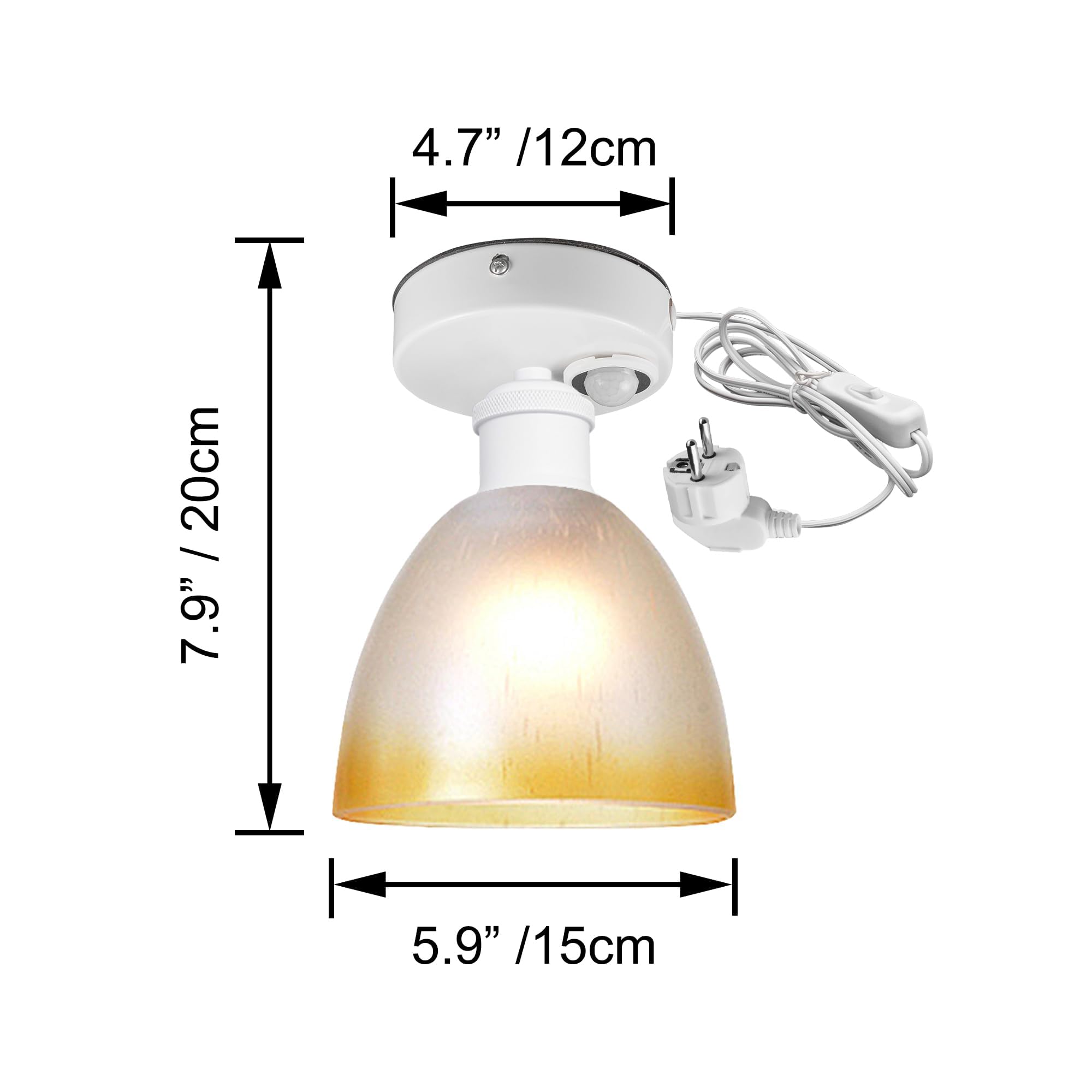 Plafoniera con sensore di movimento interno, moderna lampada da soffitto in vetro, sensore di movimento radar con cavo da 4,5 m e portalampada E27, per corridoio, bagno, scale, garage, bianco