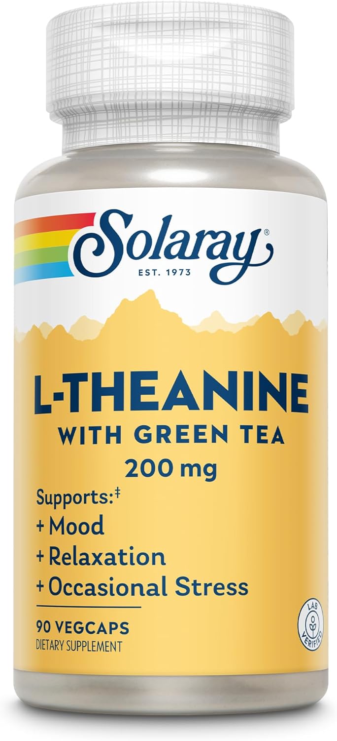 SOLARAY L-Theanine 200mg with Green Tea - Healthy Mood, Relaxation and Occasional Stress Support - Lab Verified, Vegan, Gluten Free - 90 Servings, 90 VegCaps