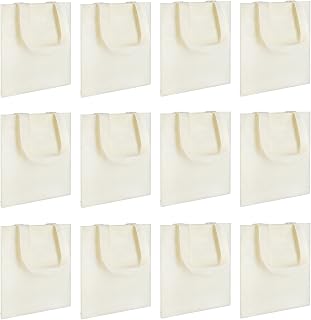 12 Pcs Mini Canvas Tote Bags, Blank Canvas Bag, Reusable Grocery Bags, DIY Sacks Goody Bags for Kids Christmas Tote Gift Bag(Beige,8.6 x7.8 inch)