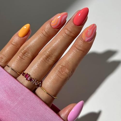 Yellow Pink Press on Nails Short Almond Fake Nails Summer Nails Press ons with Wave Lines Design Reusable Artificial Nail Full Cover Glossy Glue on Nail Stick on Nails for Women Manicure 24Pcs