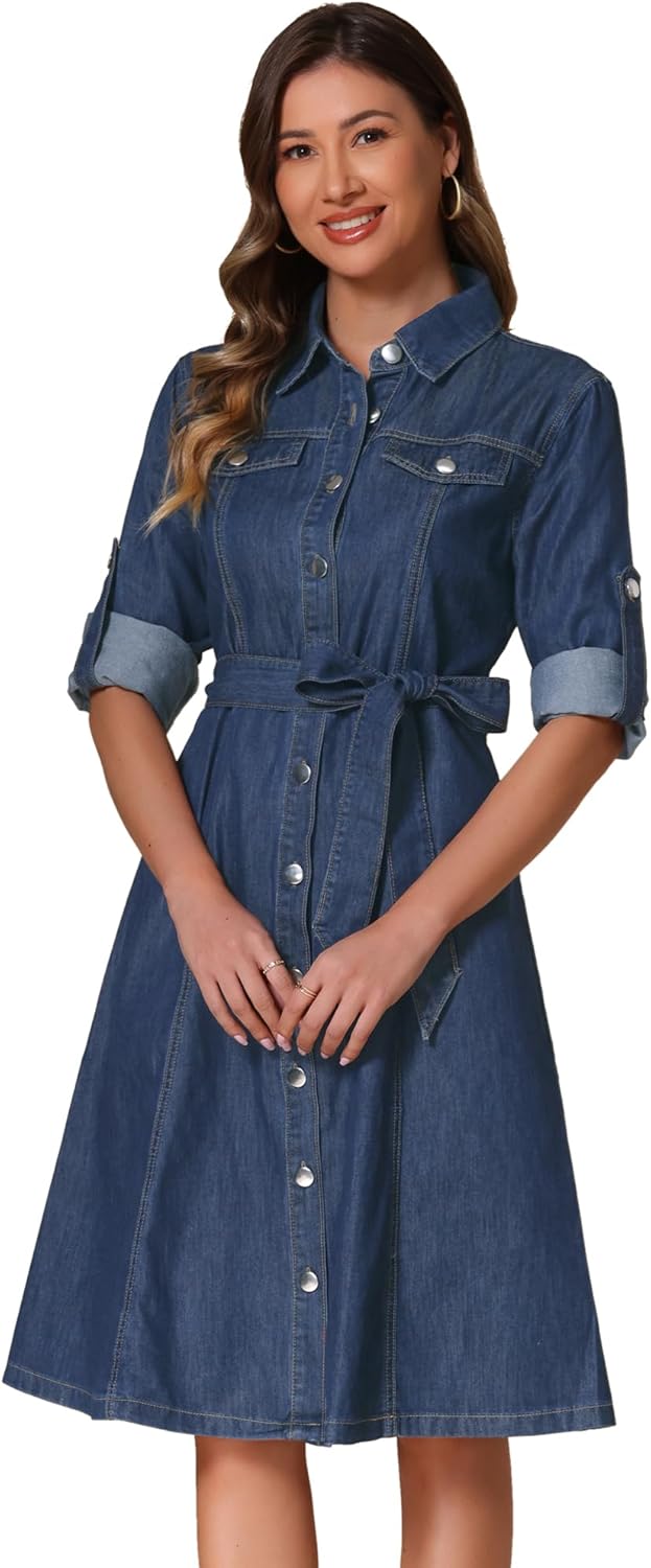 Allegra K Denim Dress for Women's Long Sleeve Button Down A-Line Belted Classic Jean Dresses