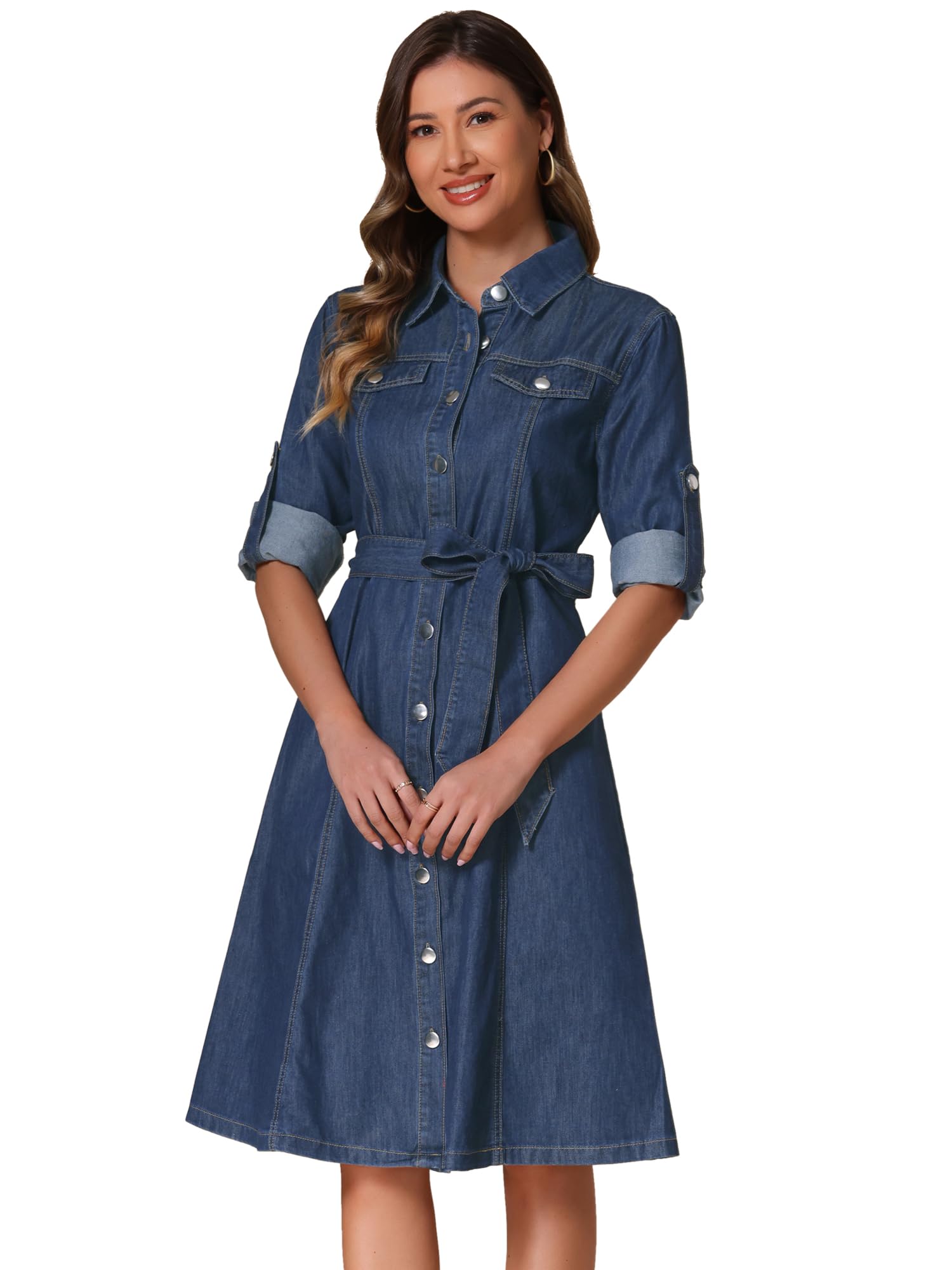Allegra K Abito Camicia in Denim da Donna Abbottonato Manica Lunga con Cintura Classico Abito in Jeans