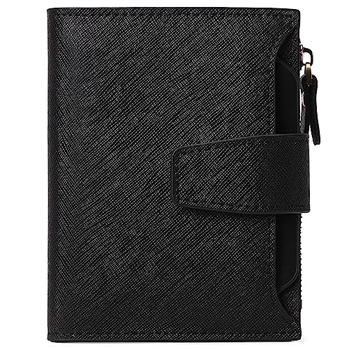 Image of GOIACII RFID Secure Wallet for Women Small Card Holder Leather Black | Trifold Billfold, Cross Grain Leather, Compact Size, 4 ID Windows, 12 Card Slots, 1 Zipper Coin Pocket, Minimalist
