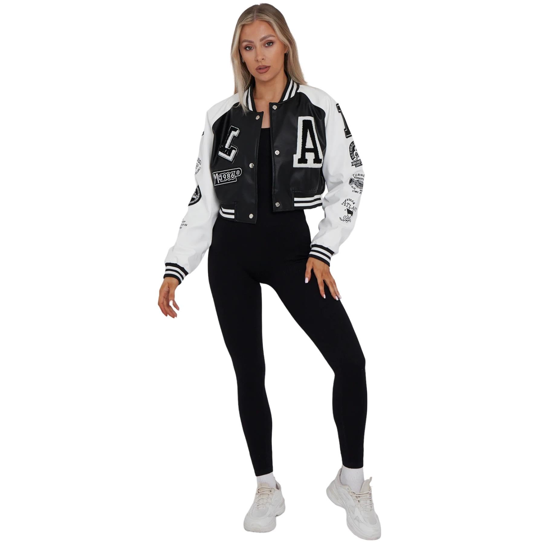 janisramone Cropped-Lederjacke für Damen mit Buchstaben-Details an Armen und Vorderseite, Kunstleder-Bomberjacke für Sport und Freizeit