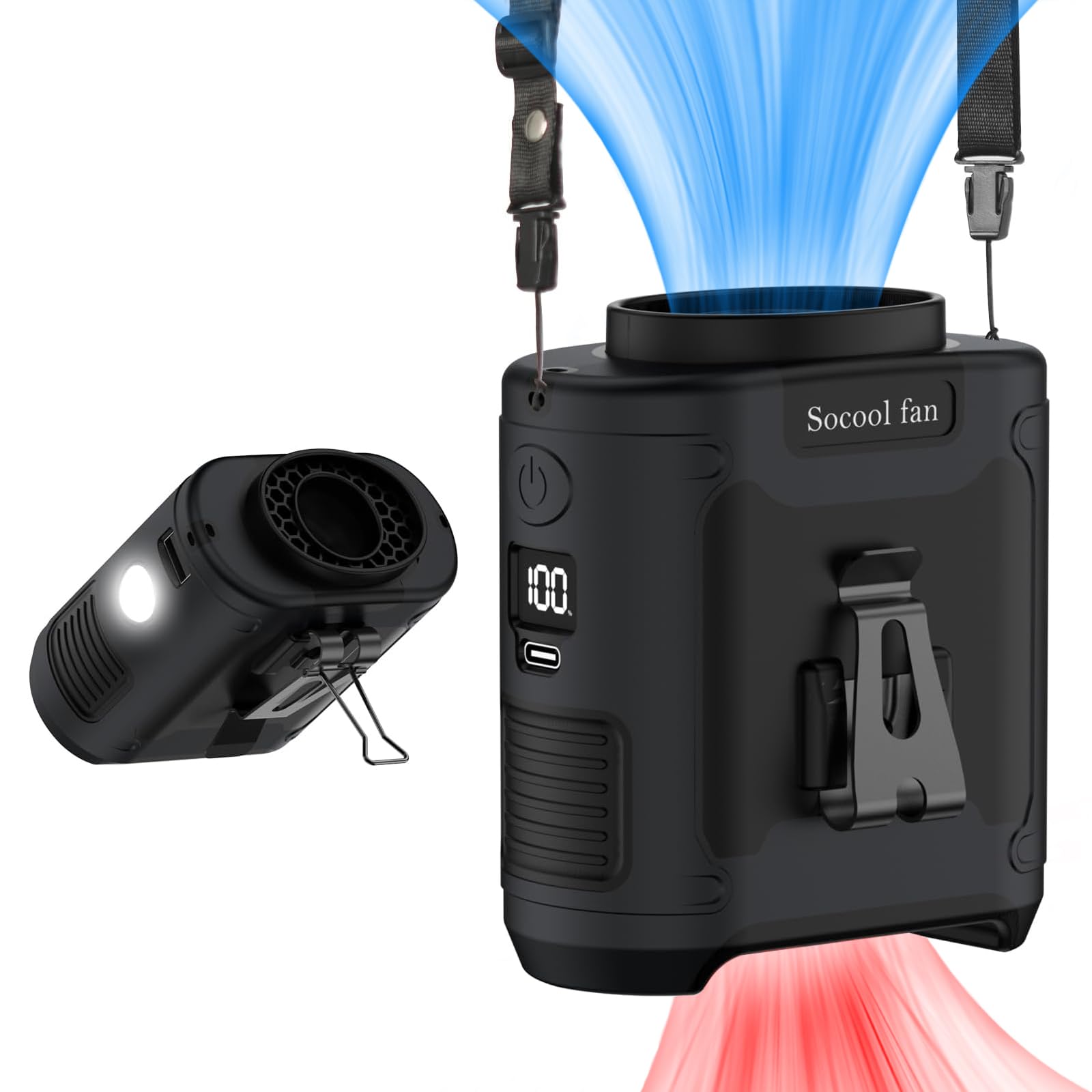 Socool 10000mAh Portable Waist Fan Clip on Wearable Belt Personal Fan Rechargeable Battery Operated With 5 Speeds & Flashlight Neck Hands-Free 40H