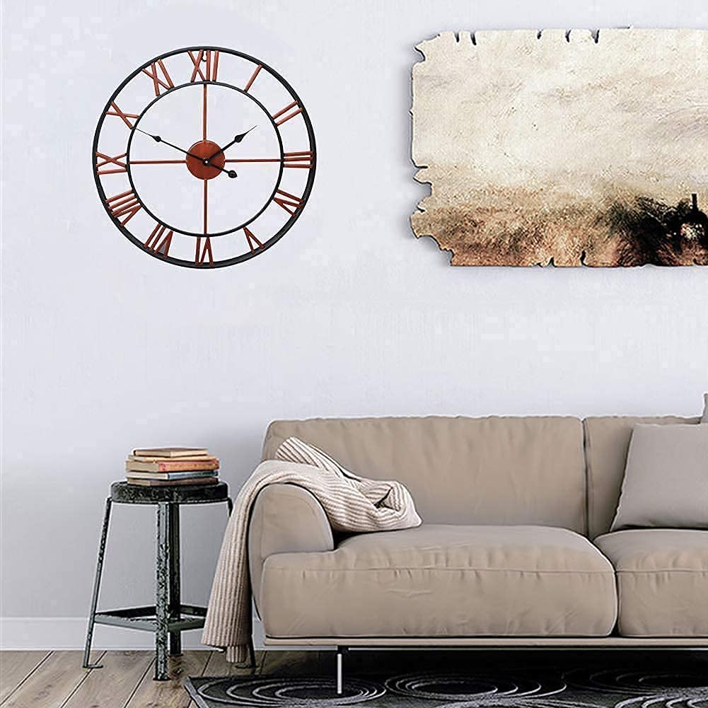 Orologio da parete in ferro battuto con numeri romani grandi, 47 cm, orologio da giardino resistente alle intemperie per esterni, quadrante aperto in metallo bronzo, orologi da giardino per