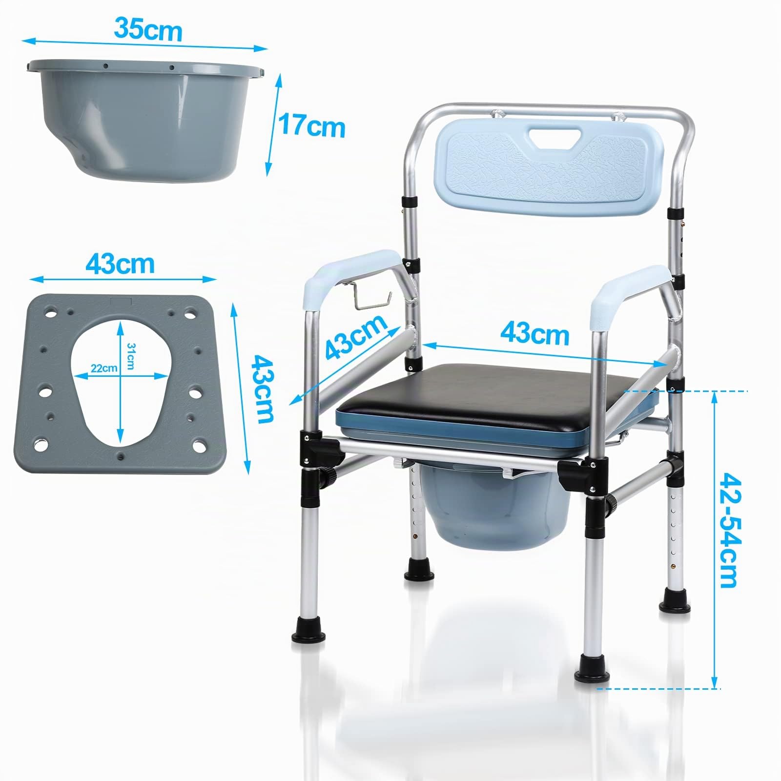 Ikodm Sedia per WC regolabile in altezza, antiscivolo, con seduta imbottita e secchio per WC, portata fino a 160 kg, per anziani e disabili, ecc