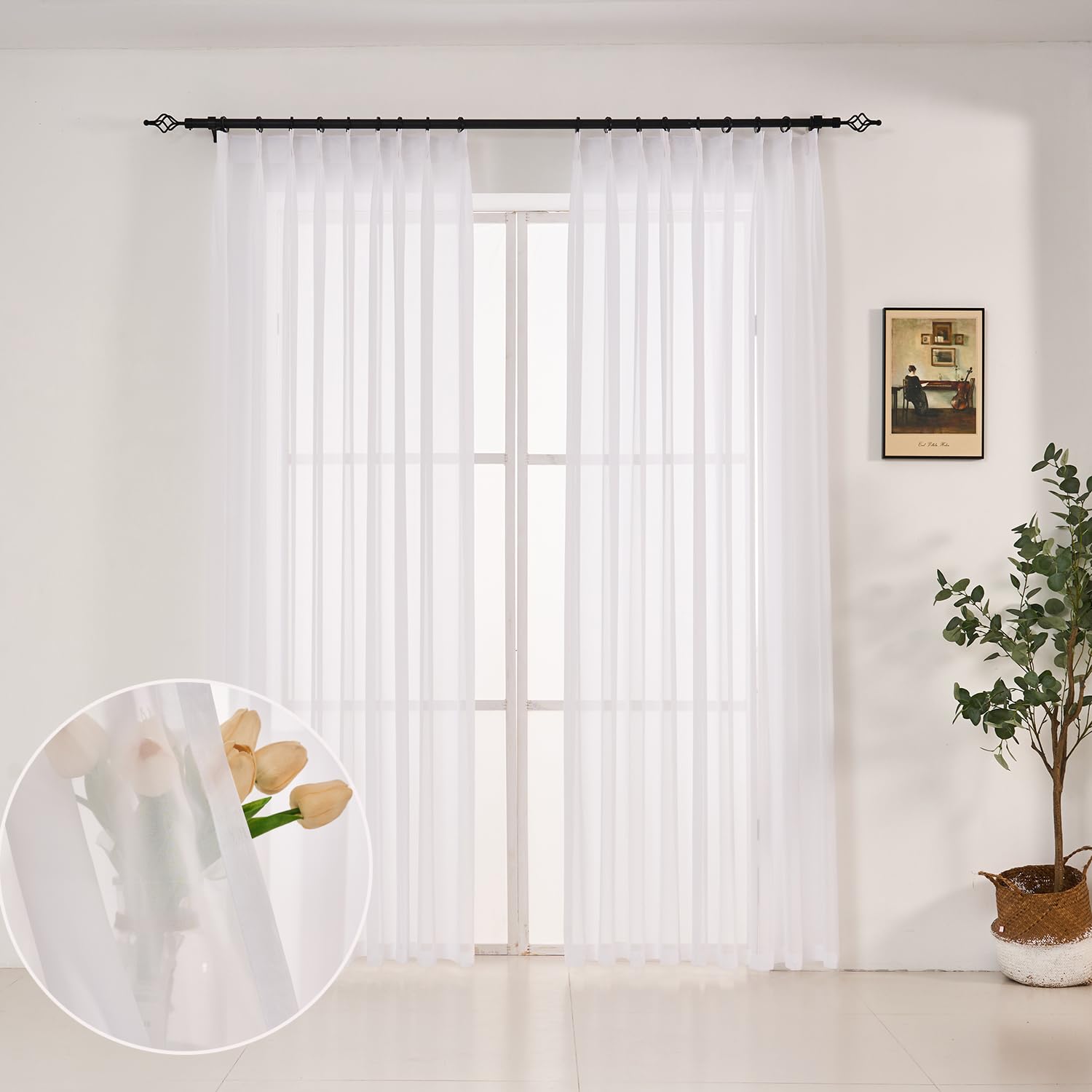 Cortinas plisadas de color blanco puro para dormitorio, sala de estar, 60 pulgadas de ancho x 84 pulgadas de largo