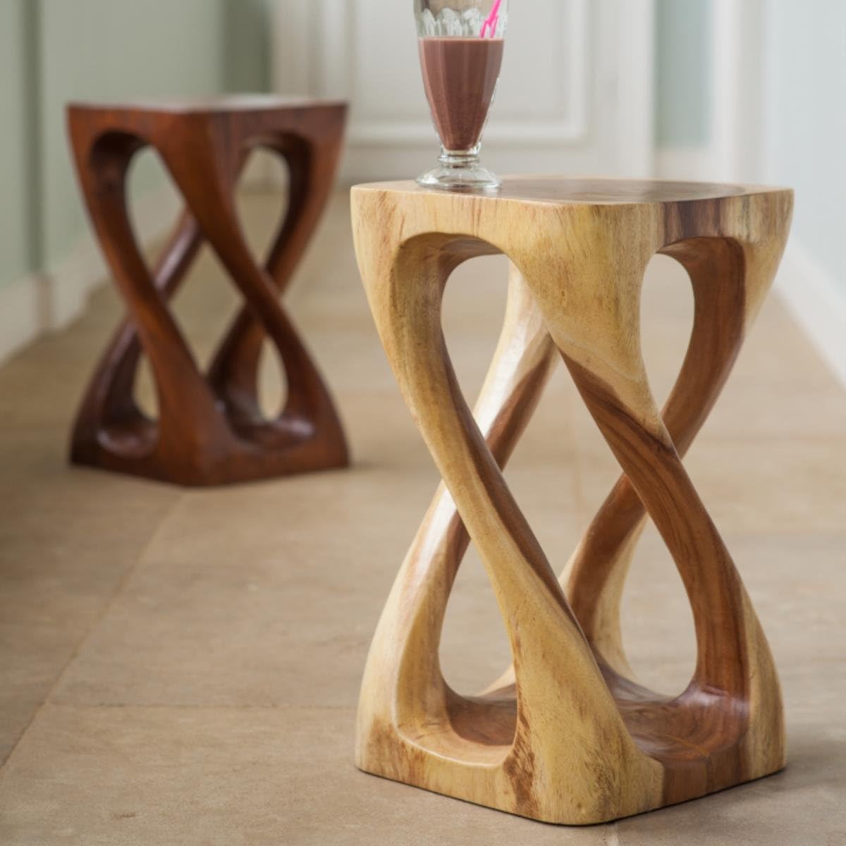 Surin Solid Monkey Pod Wood, Hand-Carved, Spiral Side Table - Dark