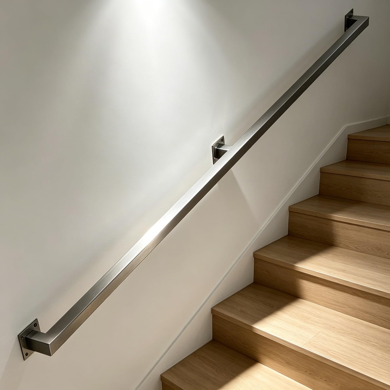 Hamankim One Color Square Stairs Handrails, 30Cm-600Cm Sturdy Stainless Steel Brushed Hand Rail With Brackets, Wall Mount Support Banister Handle For Indoor & Outdoor Loft Decks - Silver(17Ft/5.1M)