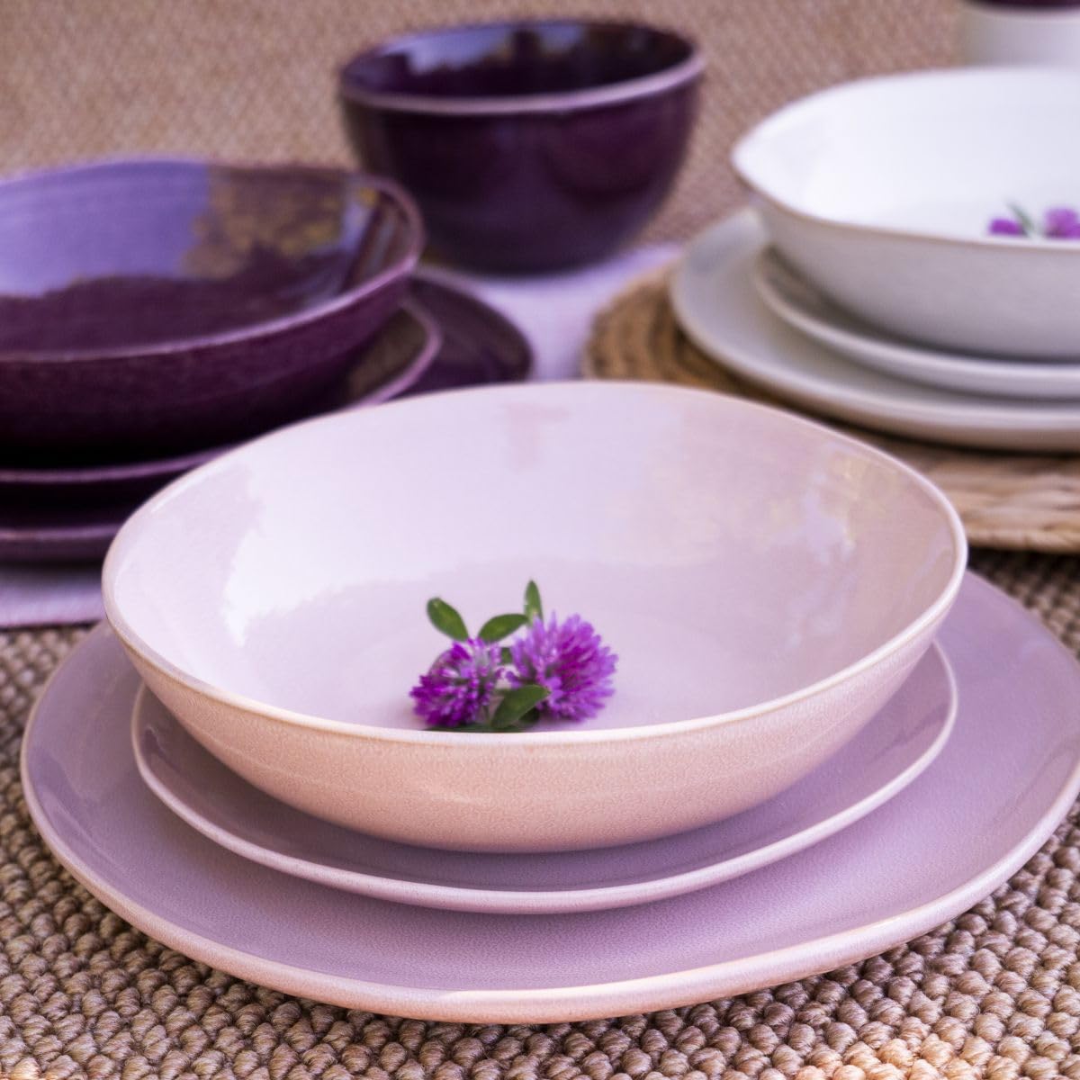 Assiettes Creuses en Céramique Ø20,5 cm, Lot de 6, Marron Rose Crème, Plats en Sauce ou Pâtes, Vaisselle Colorée