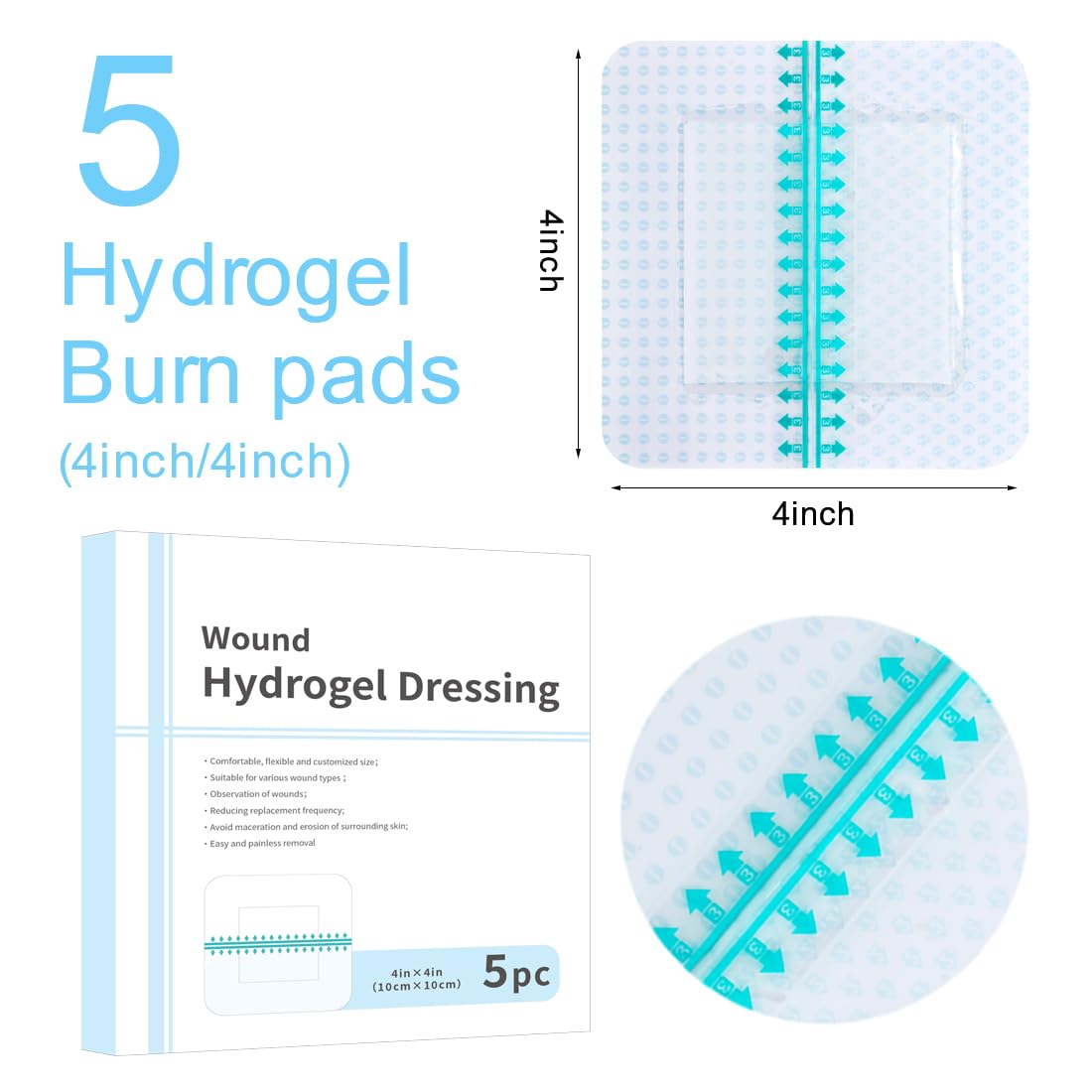 Hydrogel Burn Dressing with Border 4"x4" Self-Adhesive Waterproof Hydrocolloid Wound Dressings Patch Bandages Relief for Minor Burns, Cuts & Abrasions Pack of 5 — Amazon image 2
