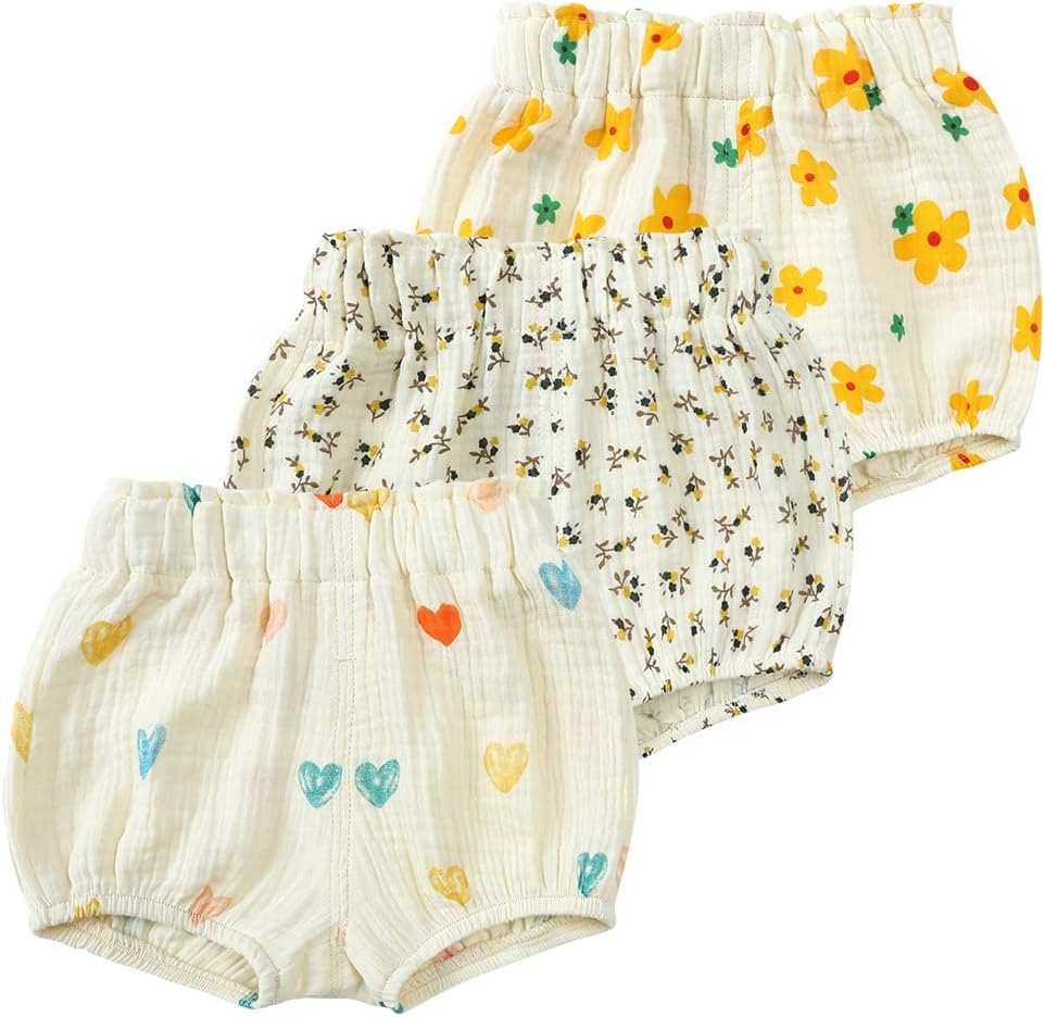MYGBCPJS Baby Girls Boys 3 Pack Cotton Linen Blend Cute Bloomer Shorts Loose Harem Shorts