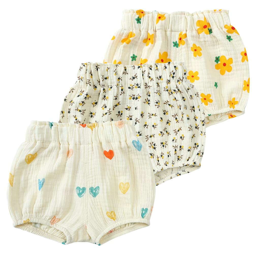 MYGBCPJS Baby Boys Girls 3 Pack Cotton Linen Bloomers Kids Loose Floral Graphic Printed Bubble Shorts Elastic Waist Bottoms