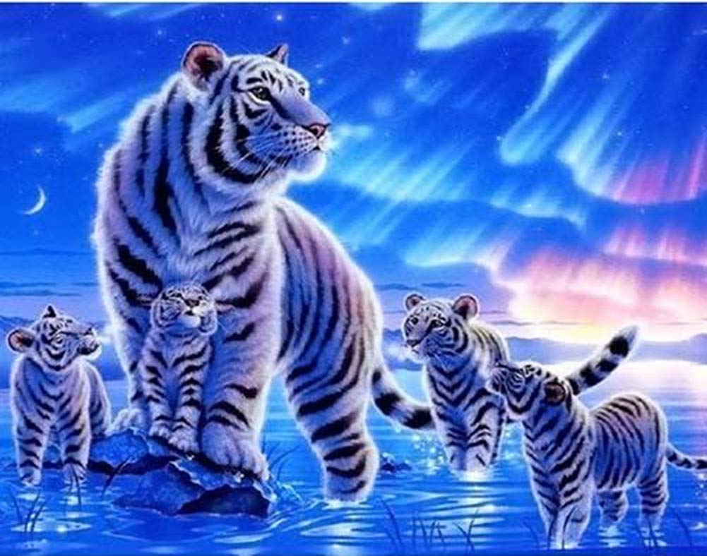 YEESAM ART DIY Paint by Numbers for Adults Beginner Kids, Tiger Family, Lakeside Night View 16x20 inch Linen Canvas Acrylic Stress Less Number Painting Gifts (Tigers, Without Frame)