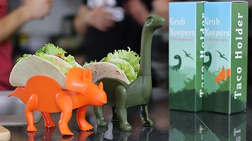 Miniatura 2 de Penko Paquete de 2 soportes para tacos de dinosaurio, ultrasauro y triceratops (cada uno tiene capacidad para 2 tacos), 4 tacos, cumpleaños,