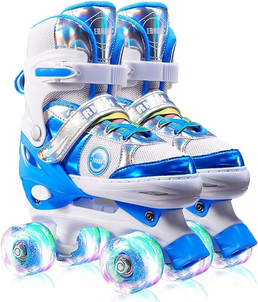 Wemart Skates Shoes for Beginners, 8 Light UP Wheels Girls Roller Skates Shine, Fun Illuminating Roller Skates, Outdoor Fitness Skates, Toddler 4 Size Adjustable Roller Skates for Girl