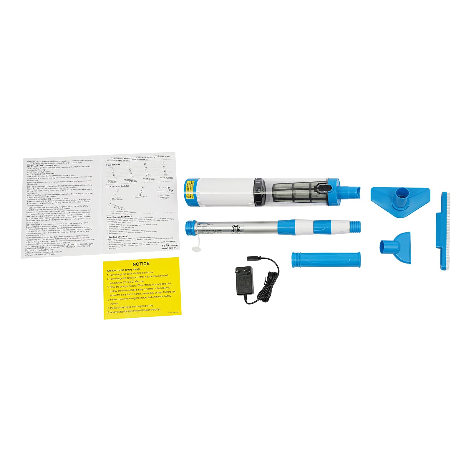Aspirapolvere per piscina 3 in 1 da 10 W, con asta telescopica, potente aspirapolvere, per piscine e idromassaggio, senza fili, IPX8