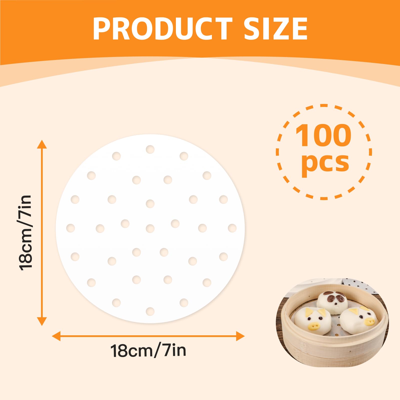 100 szt. bambusowego papieru perforowanego 18 cm do gotowania na parze i parze, 7 cali pergaminu nieprzywierającego jako papier dim sum, frytkownica powietrzna (100 szt. 18 cm)