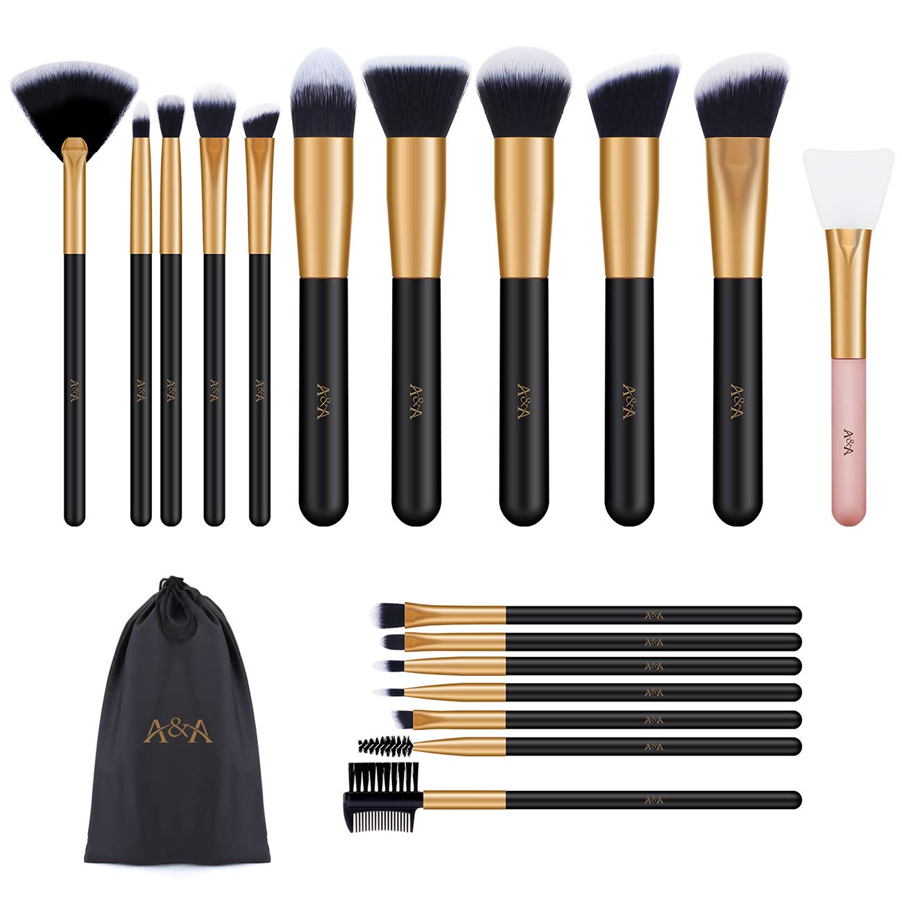 Foundation Brushes for Makeup - Professional Cosmetic Tools 17 Pcs and 1 PCS Silicone Face Mask Brush are Made of Solid Wood Handle Black Mix Rose Gold
