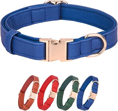Dog Collar Leather Soft PU with Neoprene Inner Quick Release Gold Metal Buckle for Small Medium Large DogsS Blue
