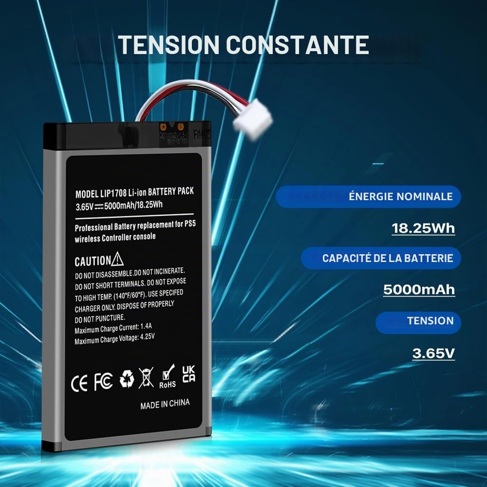 Batterie pour PS5, 5000mAh Batterie Améliorée LIP1708 de Remplacement pour PS5 DualSense CFI-ZCT1W Manette sans Fil (Non Compatible avec la DualSense Edge)