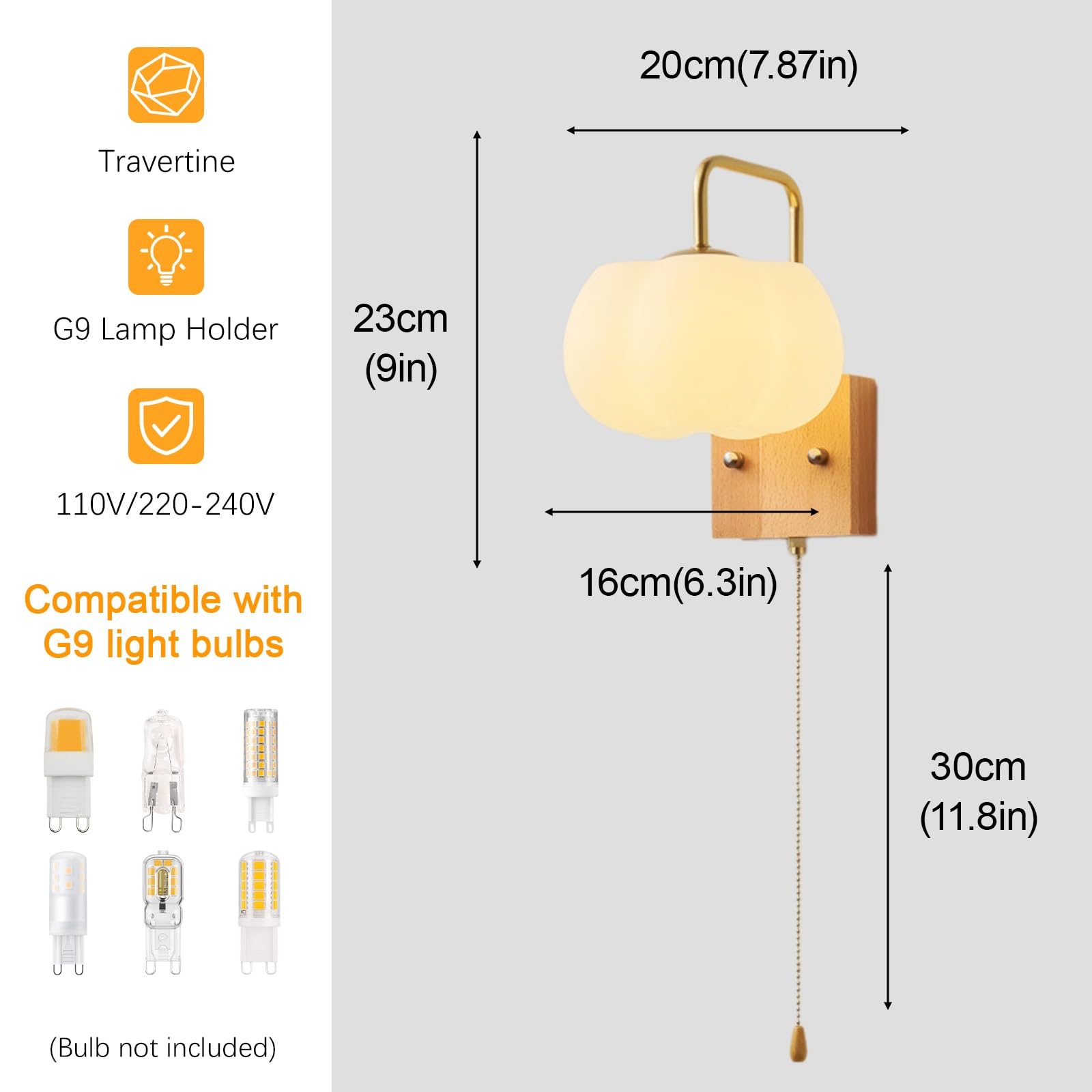 Lampa ścienna z litego drewna Nowoczesny kinkiet wiejski z włącznikiem na łańcuszku, rustykalna kinkiet nocny wiejski, drewniana podstawa i biały akrylowy abażur do sypialni(Wood)